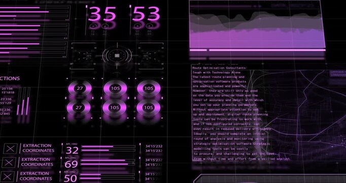 A close-up of a futuristic interface shows glowing violet counters, extraction coordinates, and a scrolling text readout.