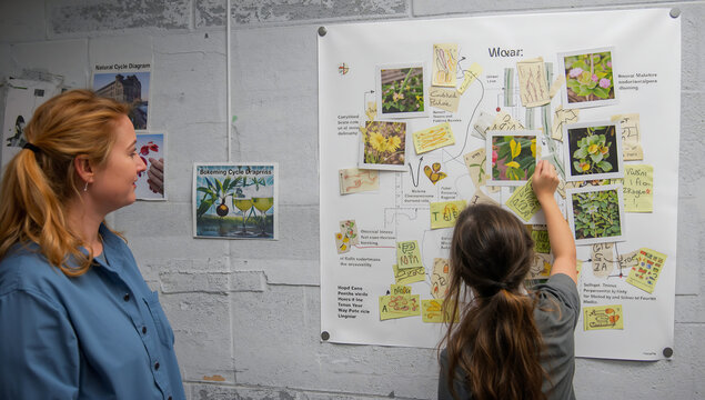 Generative AI captures a woman and girl analyzing a botanical diagram on a wall
