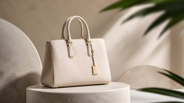 Elegant white leather handbag displayed on a minimalist pedestal with tropical foliage and soft natural light