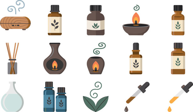 Aromatherapy and essential oil vector icon set featuring aroma diffusers dropper bottles scented candles reed diffusers and natural leaf elements for spa wellness design