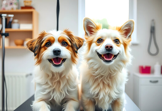 Two happy fluffy dogs with open mouths and smiling faces on a grooming table in a bright pet salon, the dogs appear well-cared for, reflecting pet health and hygiene