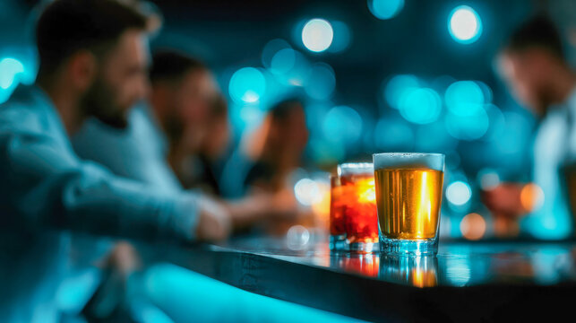 Glasses of beer and cocktails on a bar counter with blurred friends in background, nightlife, pub meeting and social celebration concept