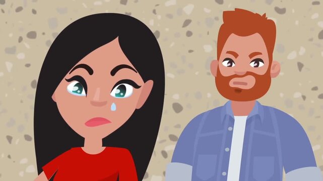 2D animated close up of a crying sad woman with tears next to an angry frustrated man relationship conflict