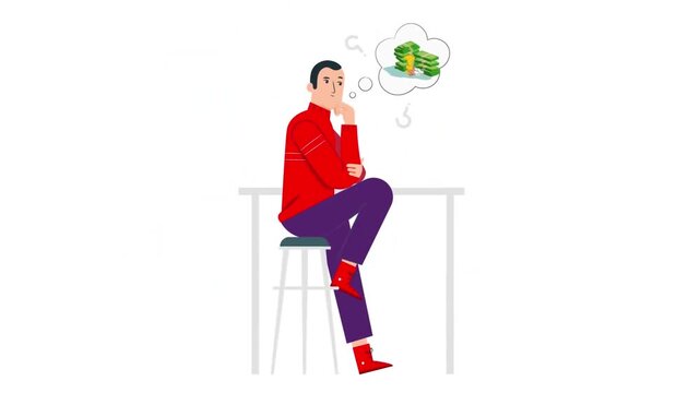 2D animation of a man sitting on a bar stool thinking and dreaming about money cash dollars business idea concept