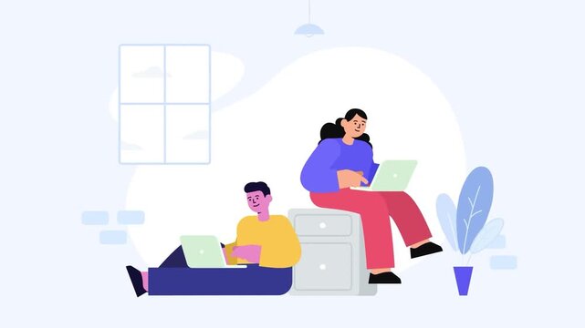 2D animated young couple or students sitting on the floor working on laptops and chatting in a modern creative workspace