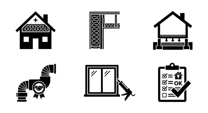 Home Insulation Icons: Building Efficiency, Energy Saving, Construction, HVAC, Window Sealing, Quality Check