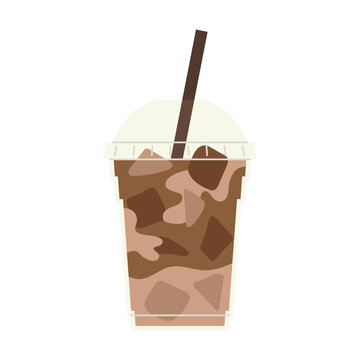 coffee frappe with ice cubes in plastic cup and straw, summer takeaway beverage for cafe, menu, web, app - vector illustration