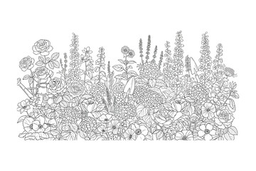 Fototapeta premium Botanical Illustration: Detailed Line Art of Blooming Flowers and Greenery
