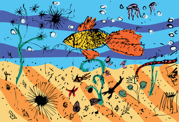 Naive art underwater sea life with fish, sea urchin, jellyfish, seaweeds and bubbles © Kazakova Maryia