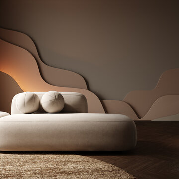 Warm and natural living room with empty wall background. Modern living room design. 3D Rendering, 3D Illustration