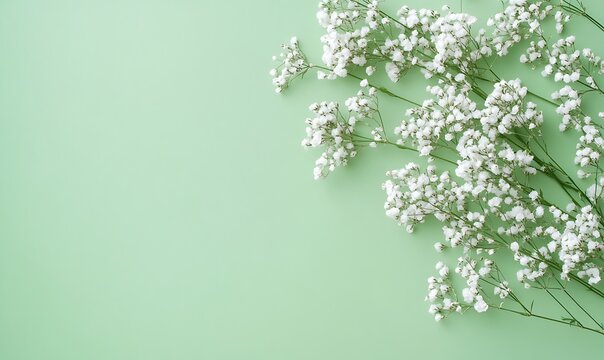 Delicate white baby's breath flowers scattered on light green background.