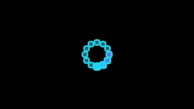 Blue pixel block spinner rotating in a seamless loop. 2D animated circular loading indicator with square elements