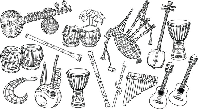Assortment of Ethnic Musical Instruments - Hand-Drawn Vector Illustration