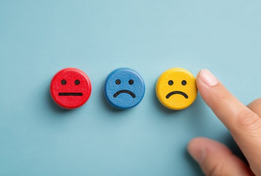 Choosing Negative Feedback: A hand selects a yellow sad face emblem next to blue and red disappointed icons on a blue background, representing consumer dissatisfaction and poor rating.