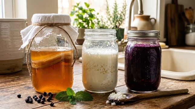 Probiotic fermented drinks like kombucha scoby and milk kefir in glass jars on a rustic kitchen table