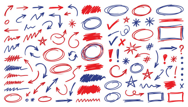 Set of hand drawn doodle elements like arrows circles stars lightning and scribbles in red and blue.
