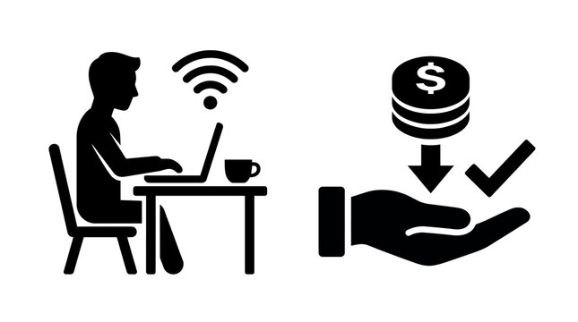 Man sitting at desk with laptop and coffee cup receiving money