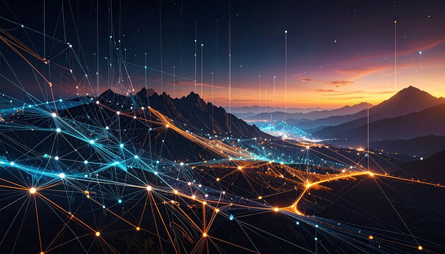 Digital Network Across Mountain Landscape