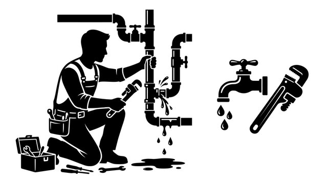 Plumber fixing leaky pipe with tools and equipment on white background