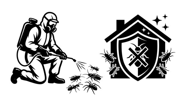 Pest control service worker spraying insecticide around house shield logo protect home from bugs