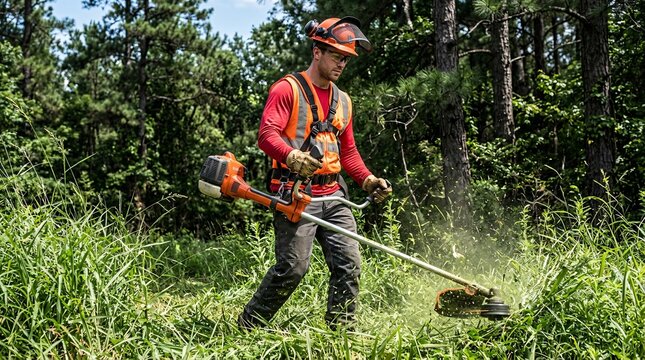 Professional landscaper in a crimson red shirt operates a heavy-duty orange string trimmer to cut overgrown tall green grass near a forest.