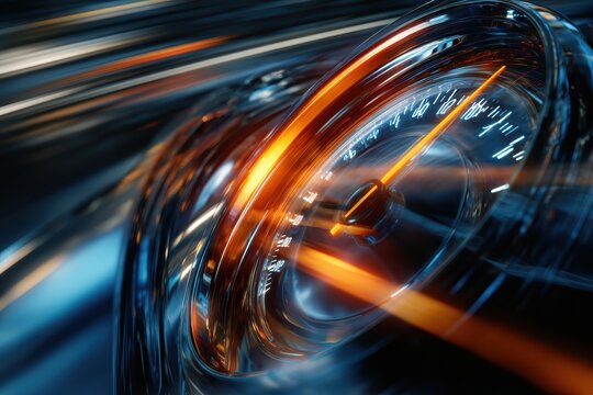 Speedometer in Motion: A dynamic, close-up view of a glowing orange speedometer, indicating high speed with blurred streaks of light, conveying a sense of urgency and acceleration.