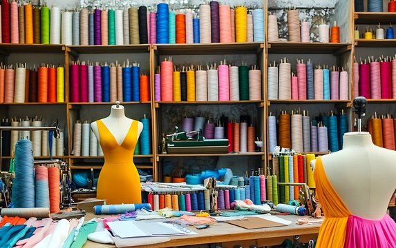 Abundant colorful spools of thread organized on shelves in sewing studio workshop.