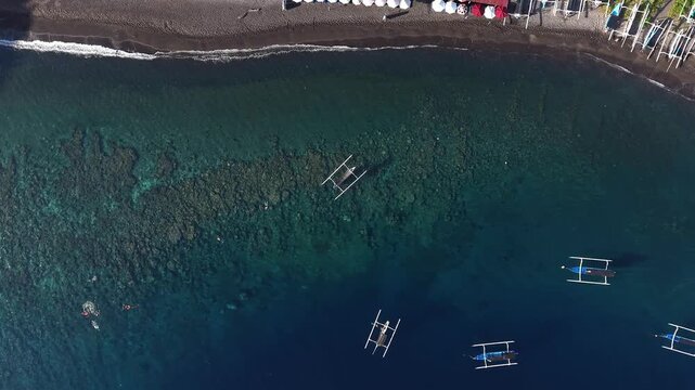 Drone Flying Along Amed Coastline Jukung Boats Bali Ocean.