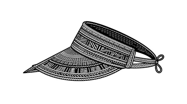 Hand-drawn tribal patterned sun visor hat, black and white sketch, summer accessory