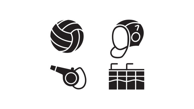 Sports equipment icons represent a volleyball, fencing mask, referee whistle, and stadium bleachers for athletic event planning.