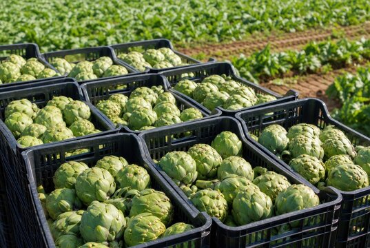 Fresh green artichokes harvested in black plastic crates on organic farm field, vibrant healthy vegetables ready for market, sustainable agriculture, rural countryside harvest, high quality produce