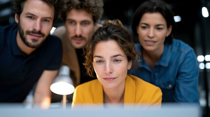 Obraz premium Team collaboration: focused professionals working together around a computer, brainstorming ideas in a modern business environment, highlighting teamwork and innovation.