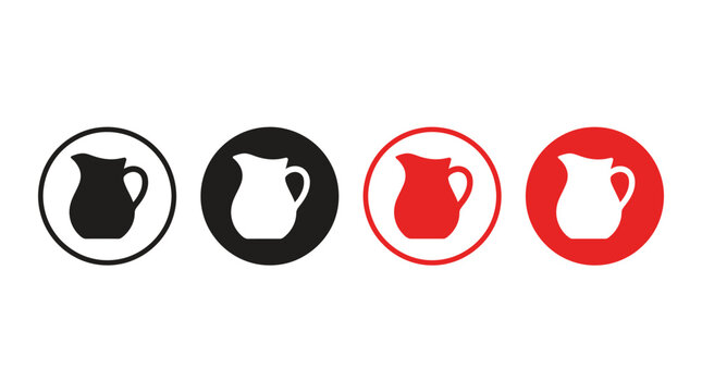 Four icons of jugs in different colored circles on white background