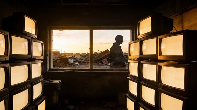 Walking man in jacket crossing window at scrapyard, spotting and scavenging monitor among CRT TVs