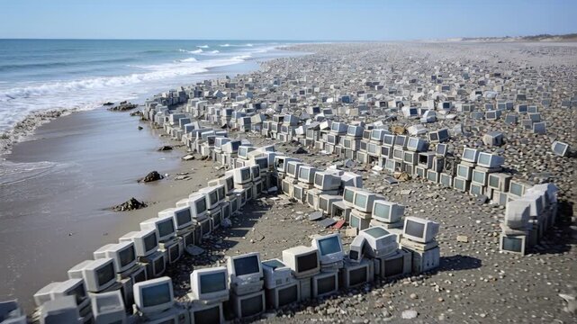Pulling back, camera revealing rows of dumped beige CRT monitors on shore, documenting e-waste