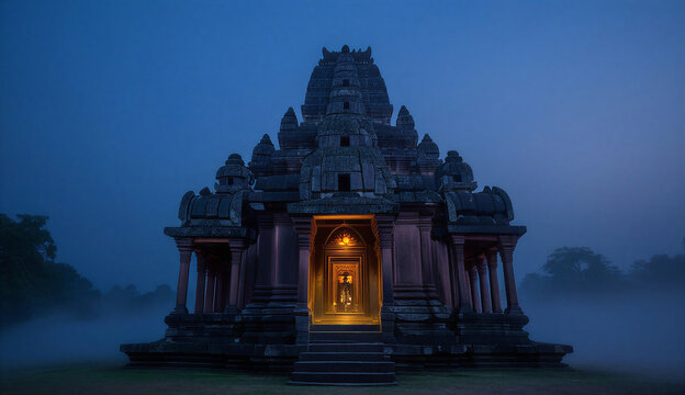 A temple shrouded in fog, illuminated by soft light, creating a mysterious atmosphere at night.