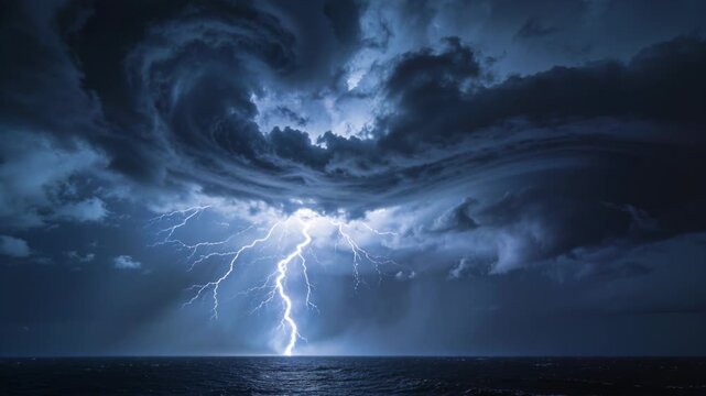Flashing spiral storm cell firing forked lightning across sea, lighting waves and rain curtains