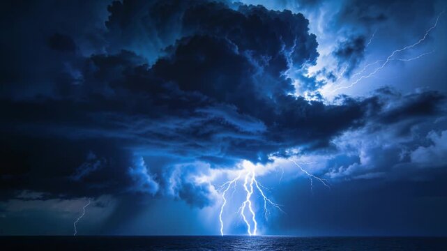 Charging storm cloud sending forking lightning across open ocean, lighting rain shafts