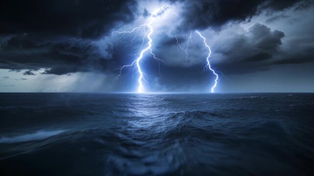 Intensifying lightning forming central column, illuminating rough ocean and reflected light path