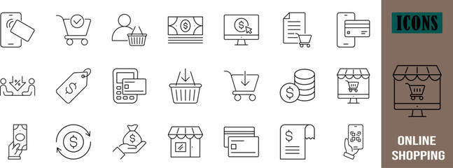 E-commerce online shopping payment icons. shopping cart icon set, credit card icon set, money icon set © FFY