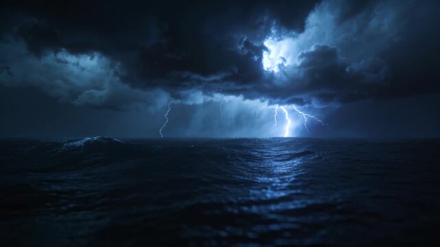 Lighting storm cloud and open ocean at night, distant flash starting storm, with lightning glints