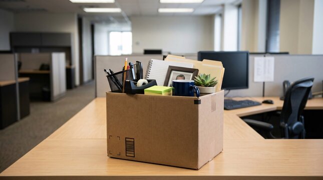 Cardboard box packed with office belongings on desk after employee layoff or resignation.