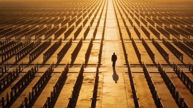 Stepping into central aisle on concrete, man in dark coat walking toward horizon with metal racks