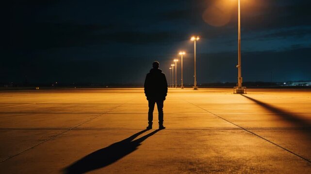 Standing still in dark hooded jacket and boots, backlit by warm row of streetlights on apron