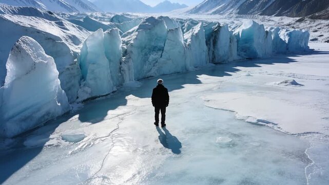 Standing man in dark jacket observing fractured glacier on frozen ice sheet, sun shifting shadows