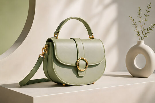 Elegant sage green leather handbag on a minimalist modern interior background