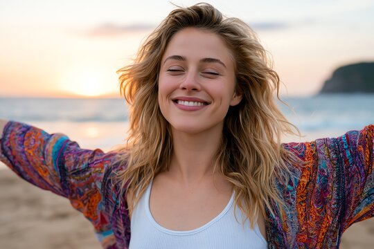 Joyful woman embracing freedom on scenic beach at sunset