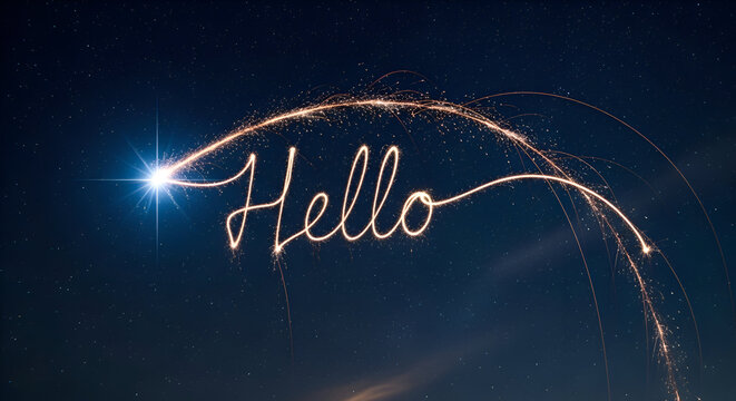 Handwritten Hello Neon Light Glowing in Dark Starry Night Sky Background