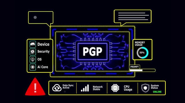  PGP Encryption Technology Concept with Warning Symbol and Data Flow security with Cyber Security Dashboard Animation 4K.