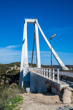 Large bridge spans the Gorge over Wadi al Kuf in eastern Libya with blue skies above